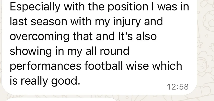 Max Cook's WhatsApp feedback to Sam